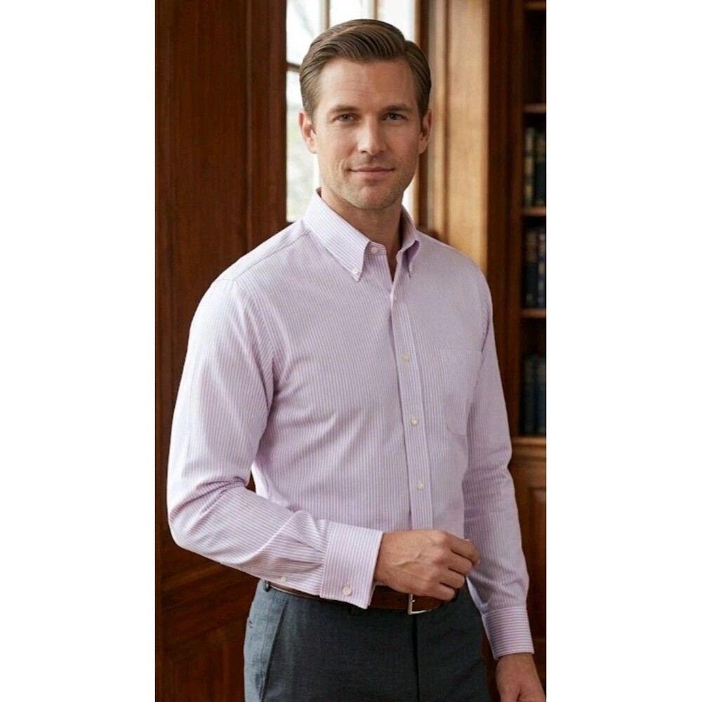 BROOKS BROTHERS MEN'S SHIRT NON IRON 15 4/5 PURPLE STRIPE LONG SLEEVE BUTTON